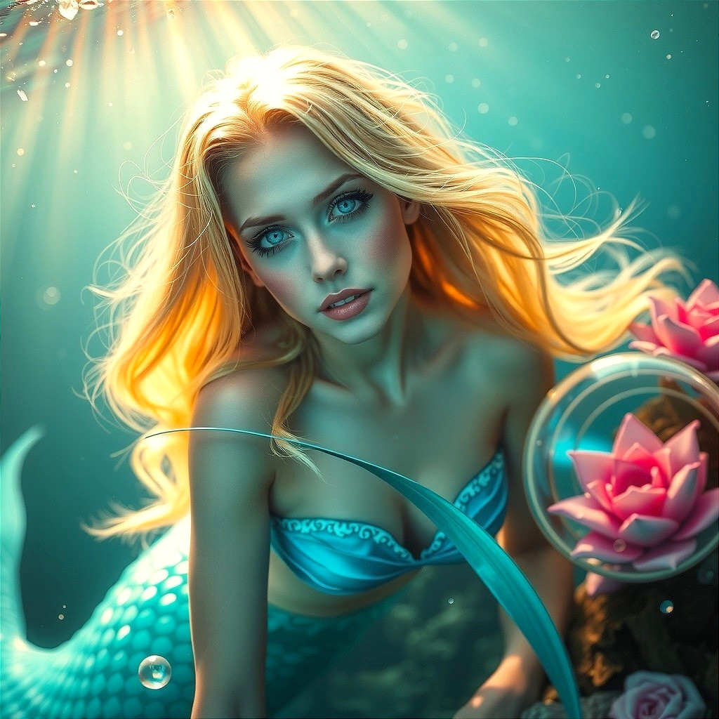 Underwater Scene Featuring a Serene Mermaid and Lilies