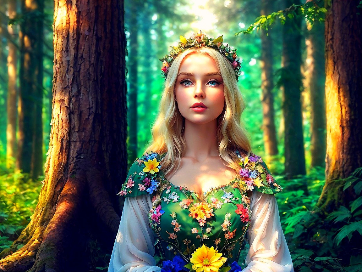 Serene forest scene with a woman in floral gown