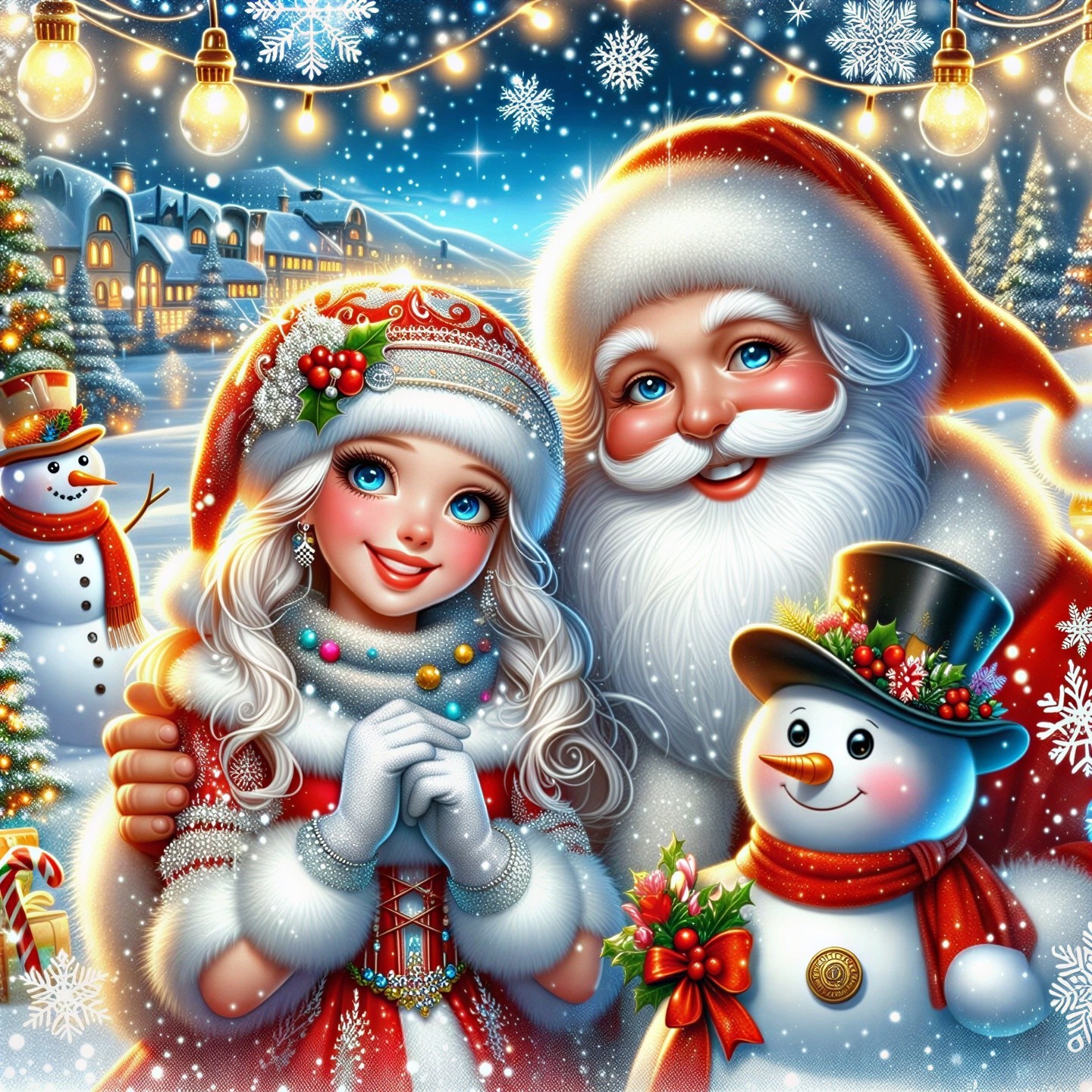 Joyful Winter Scene with Girl and Santa Claus