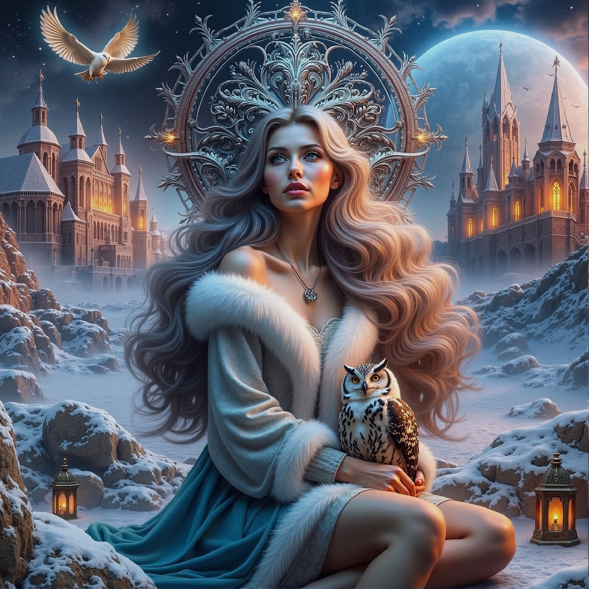 Mystical Winter Scene with Woman and Owl in Landscape