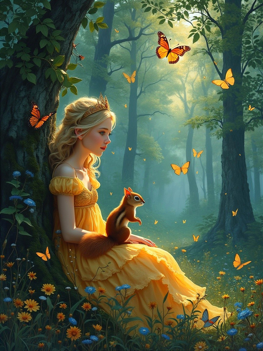 Girl in Yellow Gown in Enchanted Forest Setting
