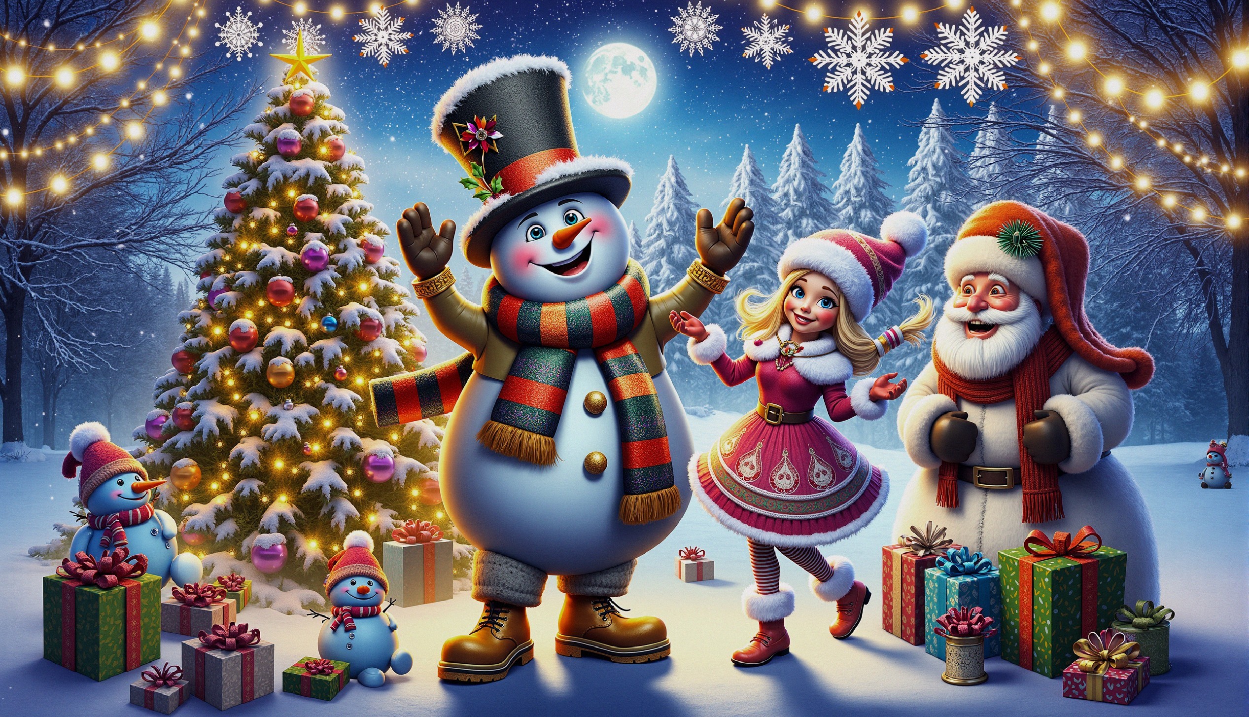 Festive Winter Scene with Snowman and Santa Claus