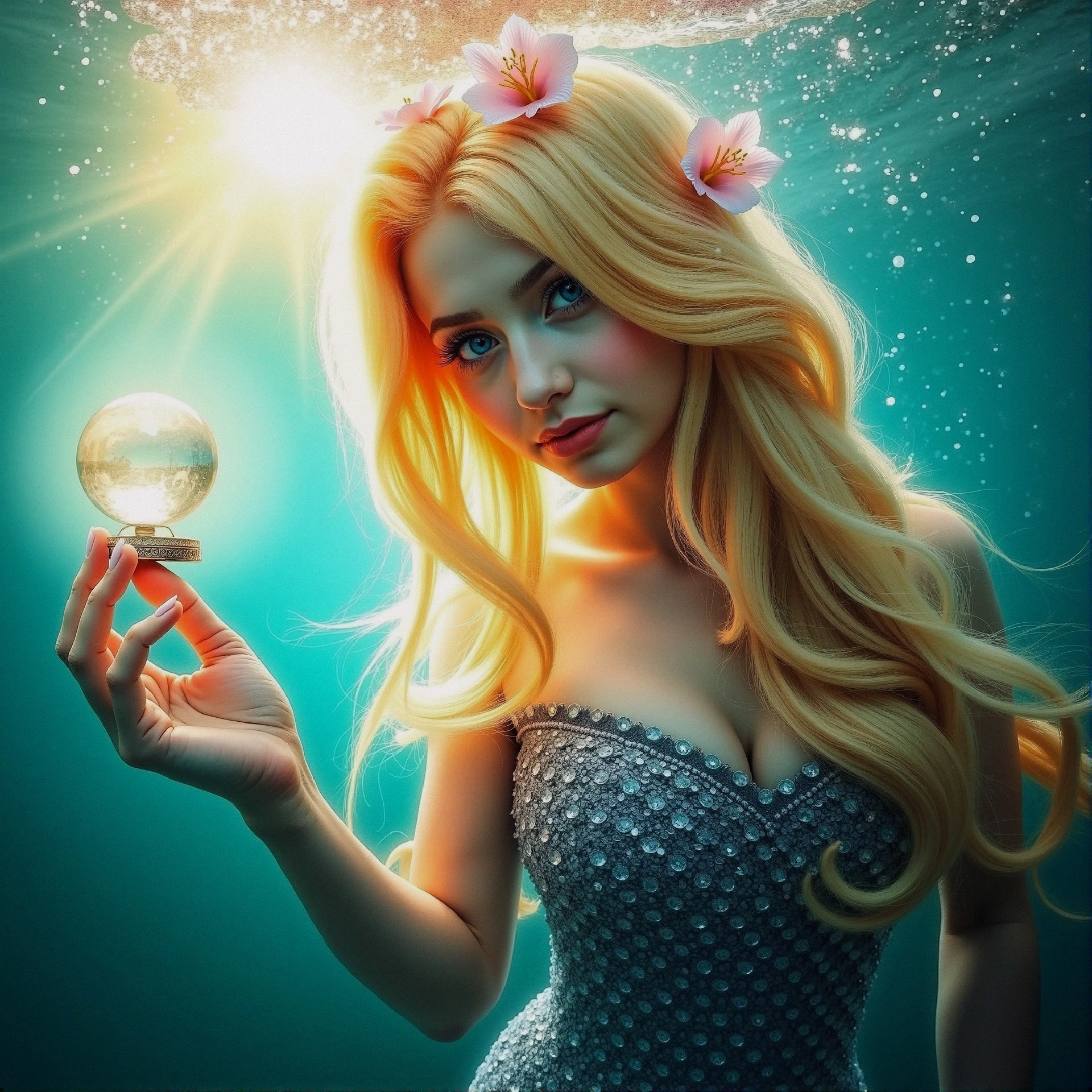 Underwater Scene with Woman and Glowing Orb