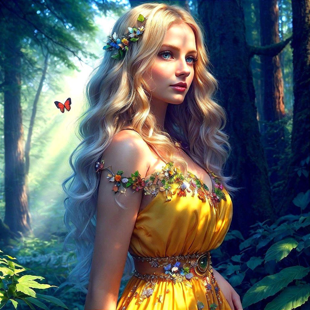 Serene woman in yellow gown amid a vibrant forest