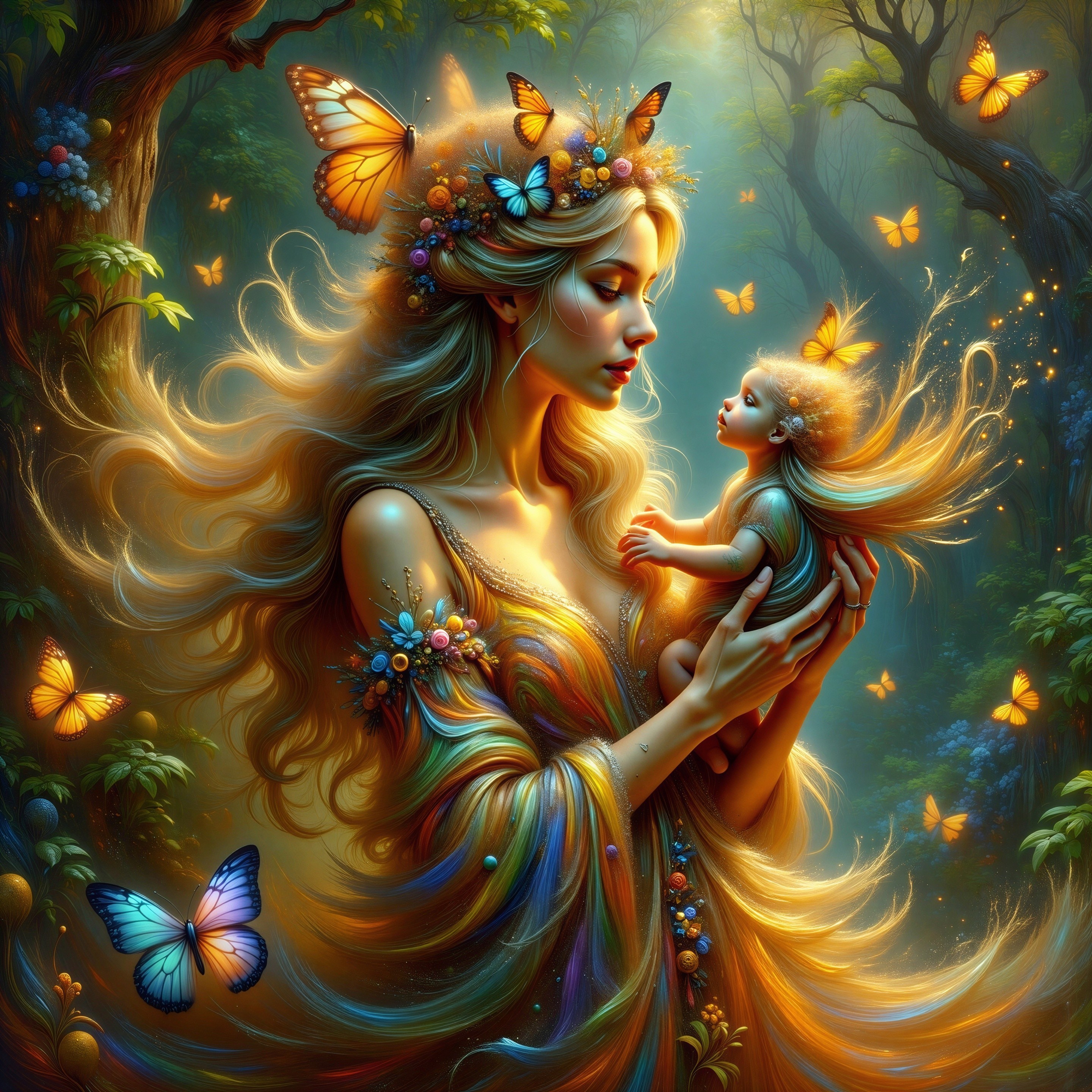 Serene Woman and Child in Enchanted Forest Setting