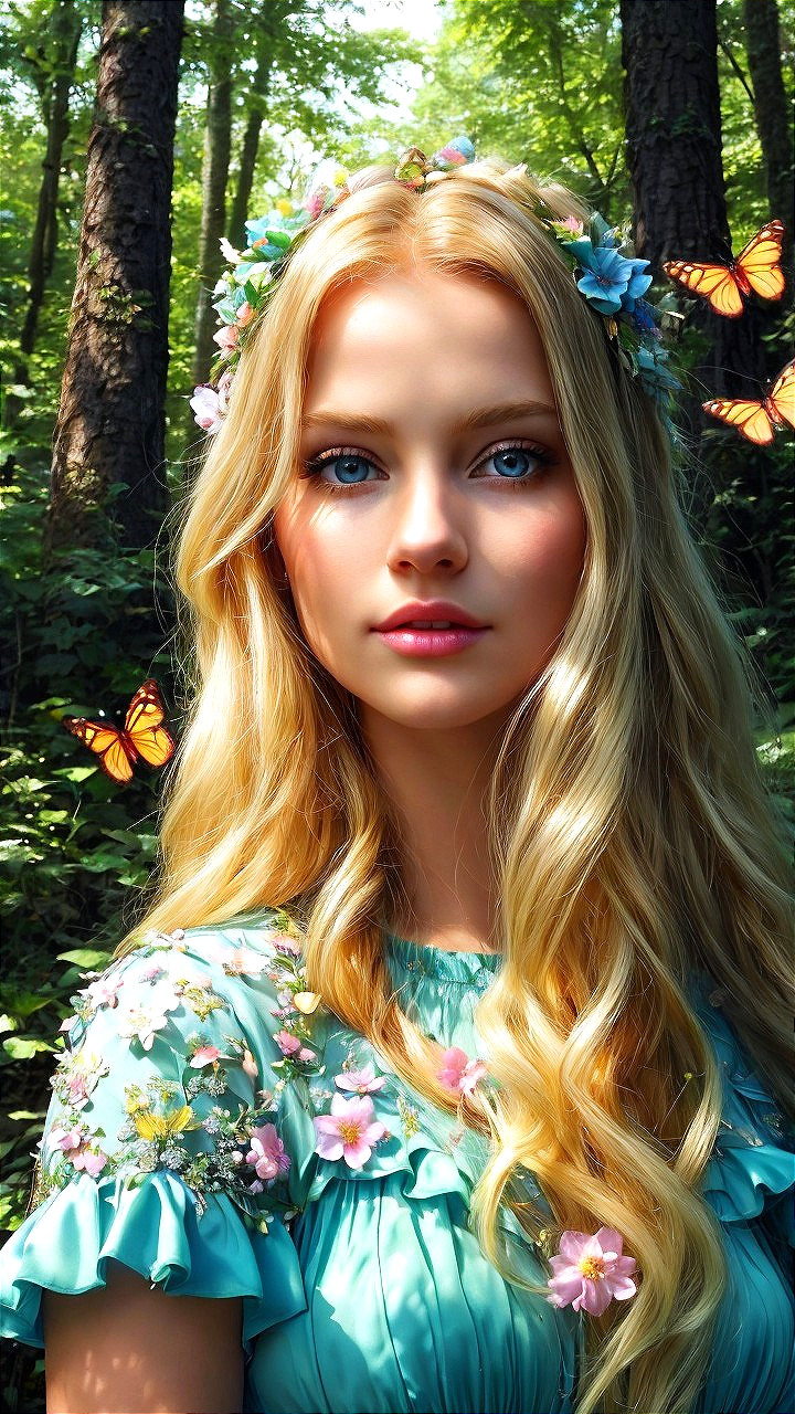 Young woman in floral dress in a lush forest setting