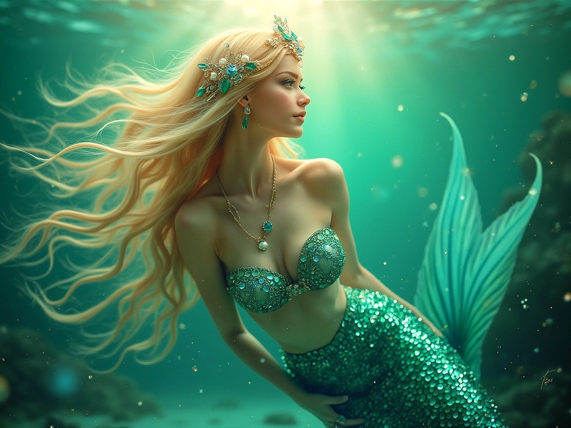Underwater Scene with Mermaid and Ethereal Light
