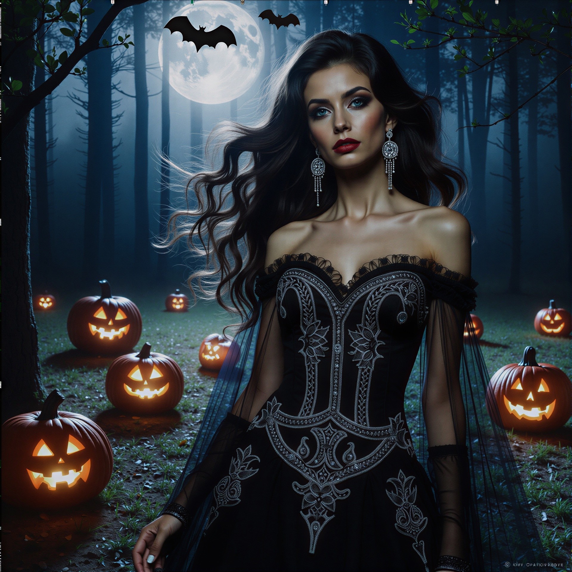Mysterious Woman in Black Gown in Spooky Forest