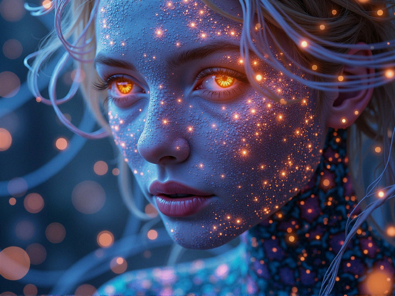 Close-up of a young woman's cosmic-patterned face