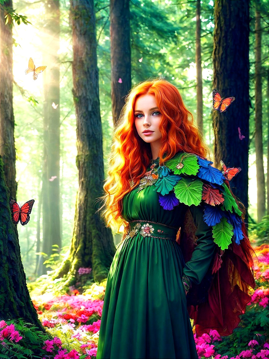 Young woman in green dress in vibrant forest setting