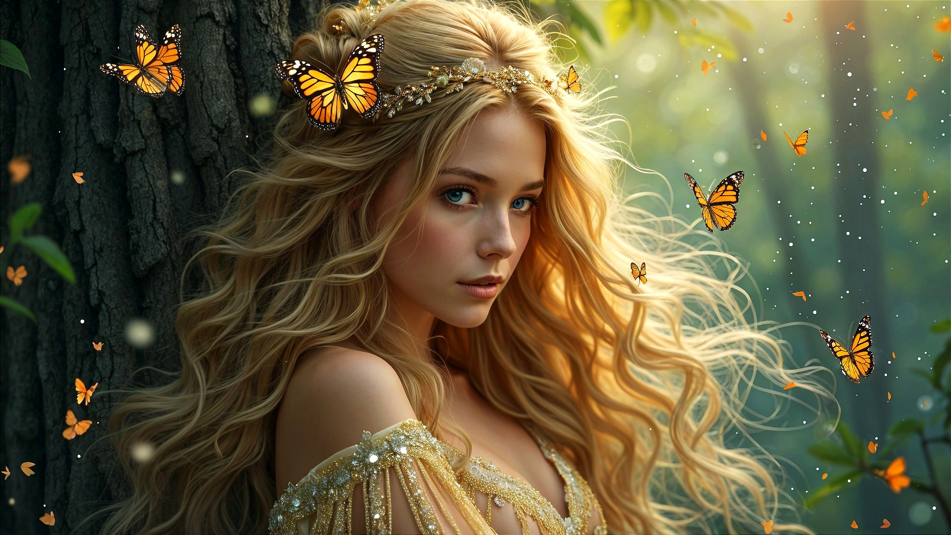 Young woman in golden gown with butterflies by tree