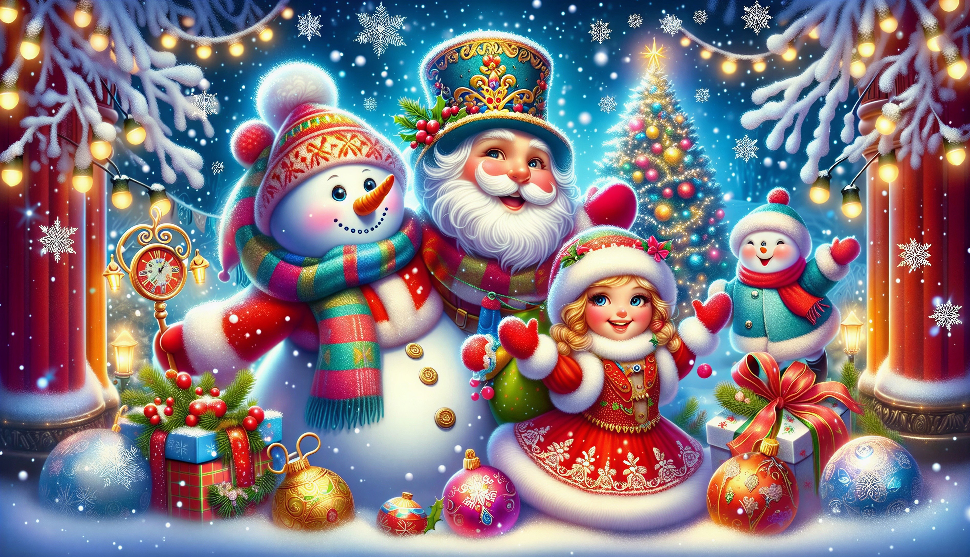 Festive winter scene with Santa, girl, and snowman