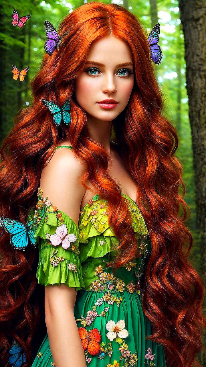 Young woman in green dress with red hair in forest