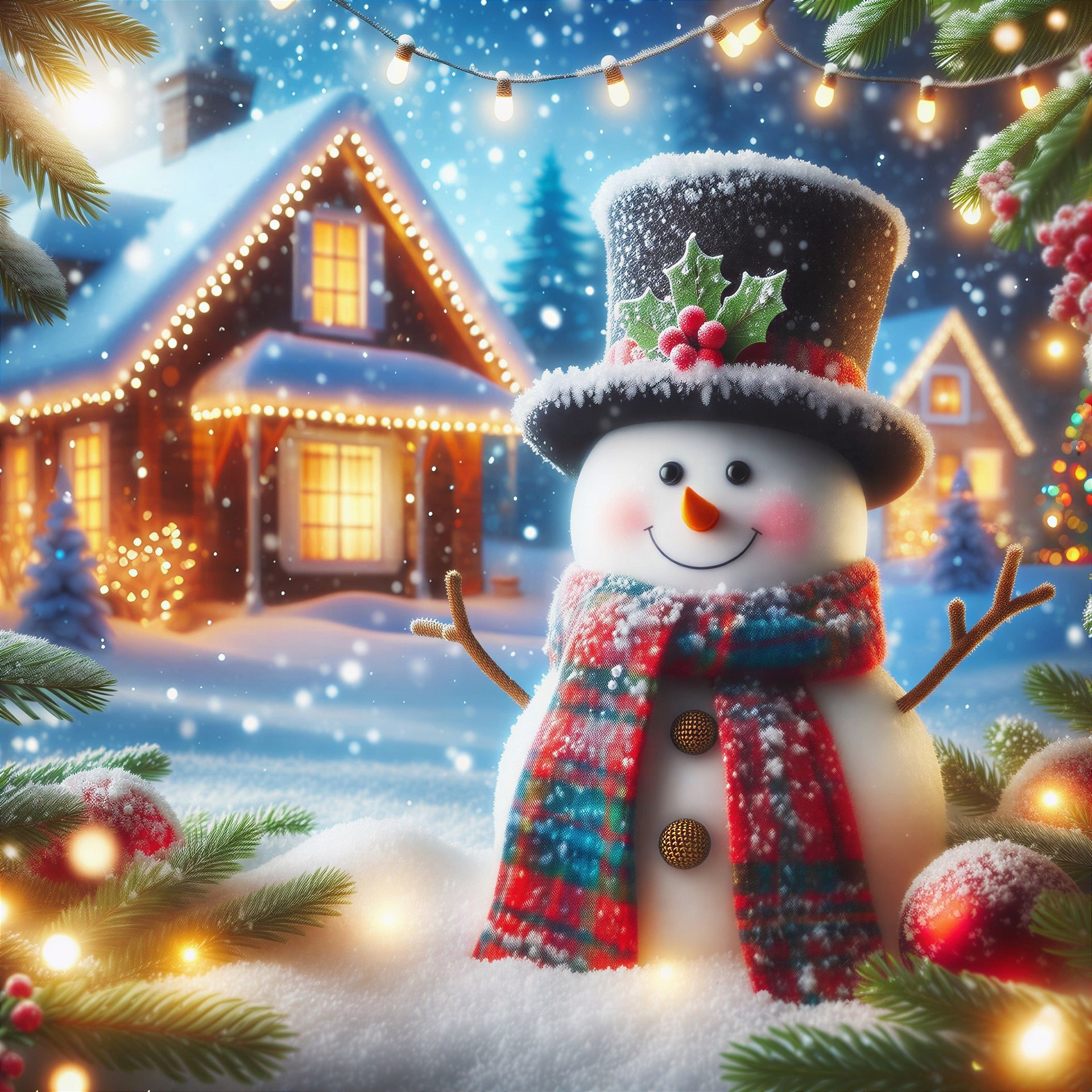 Cheerful snowman in a snowy holiday landscape
