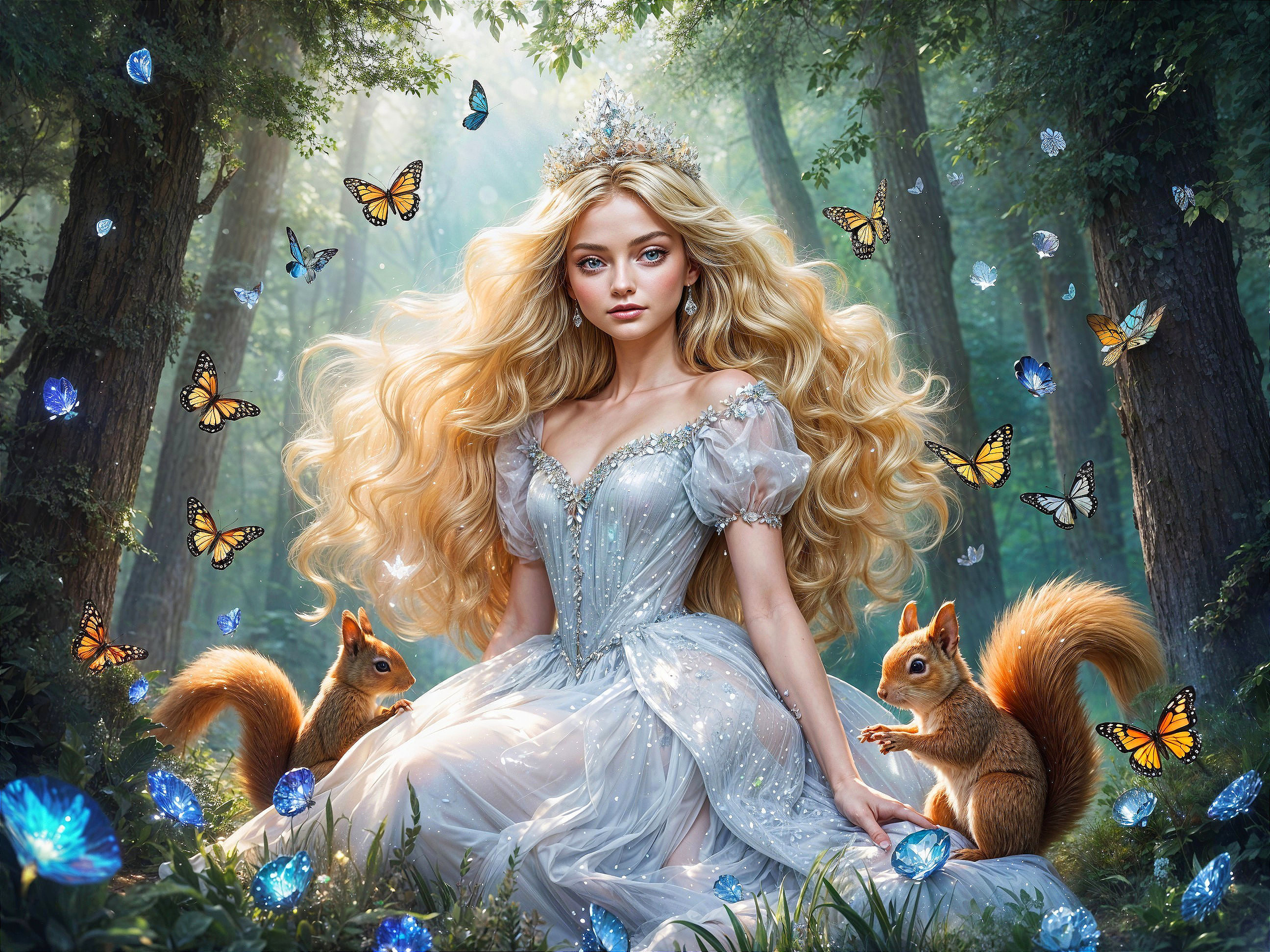 Young woman in silver gown in a lush forest setting