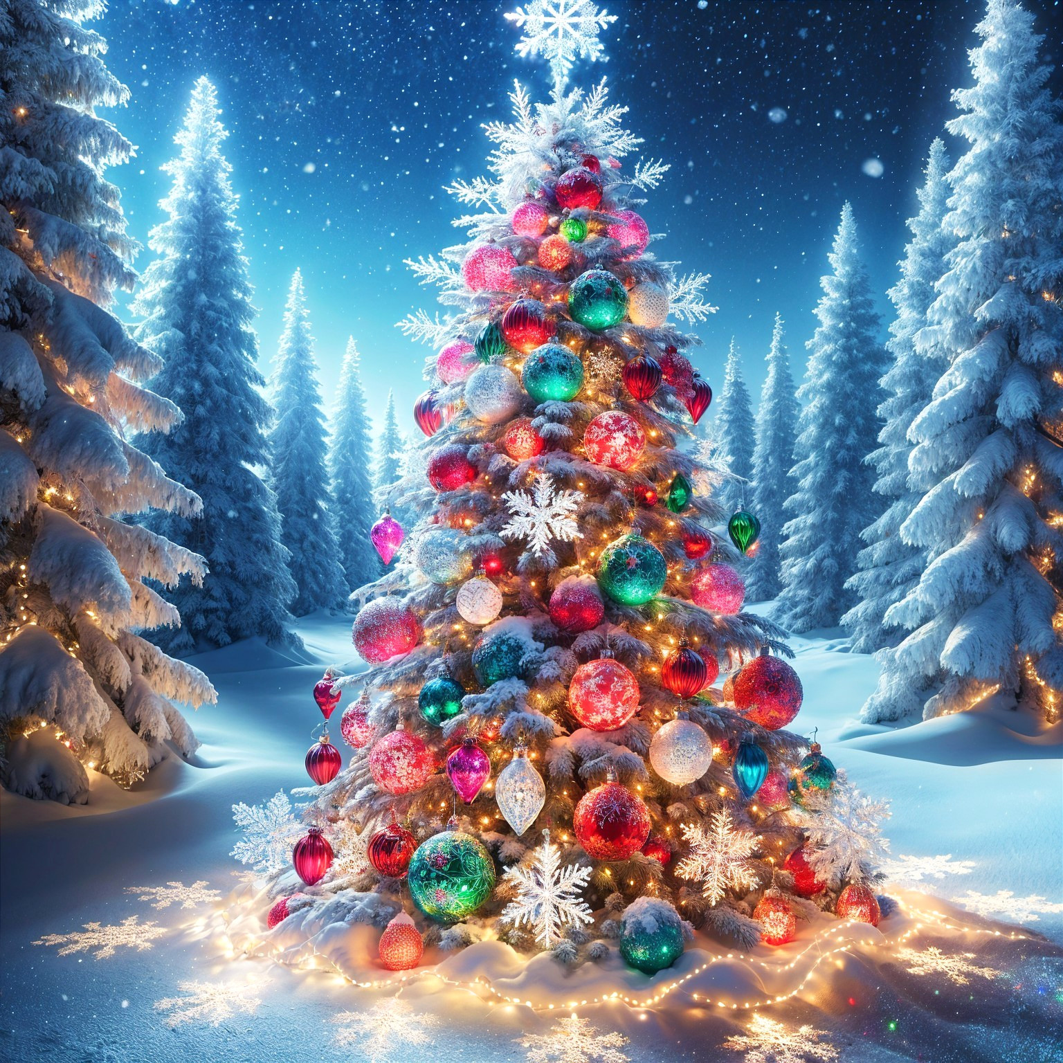 Colorful Christmas Tree in Snowy Forest at Night