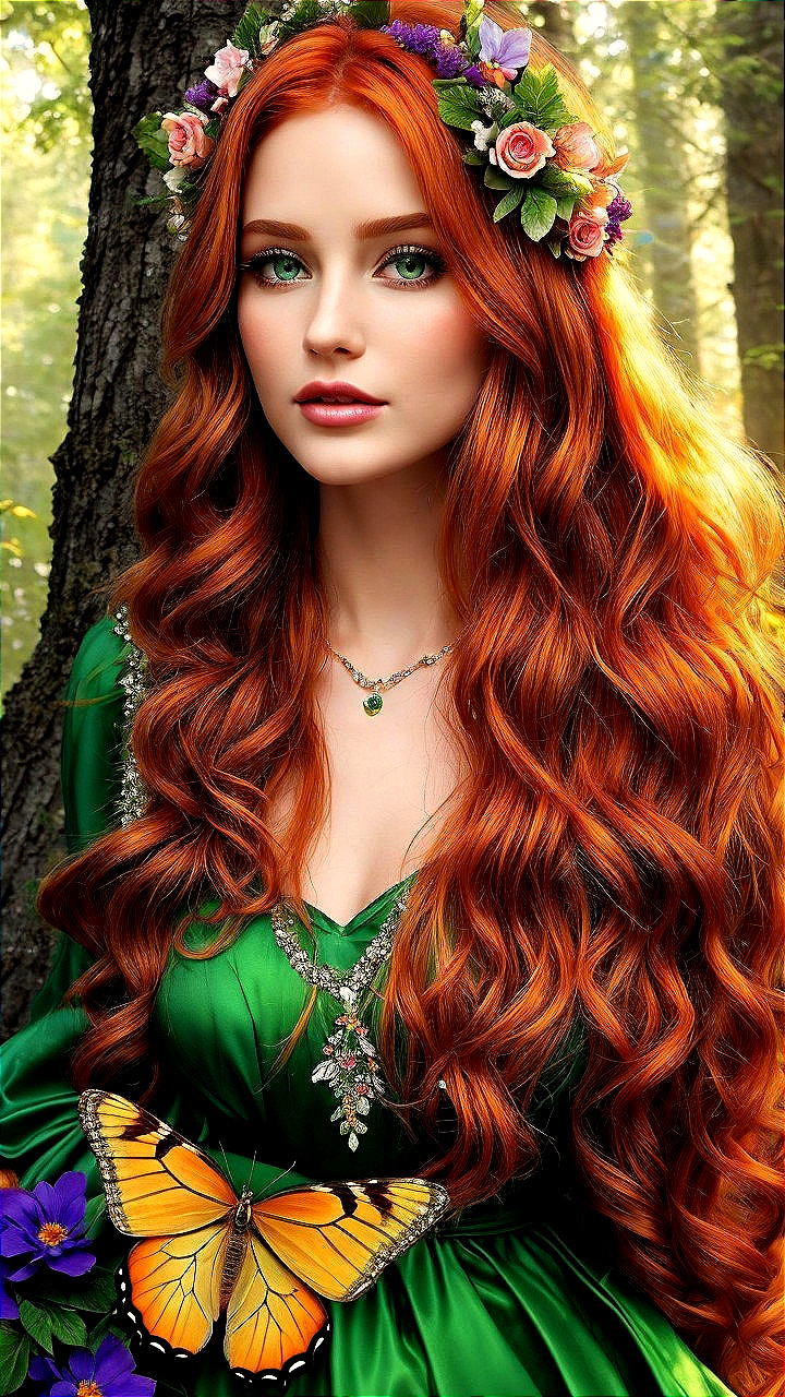 Young woman in green gown with red hair in forest