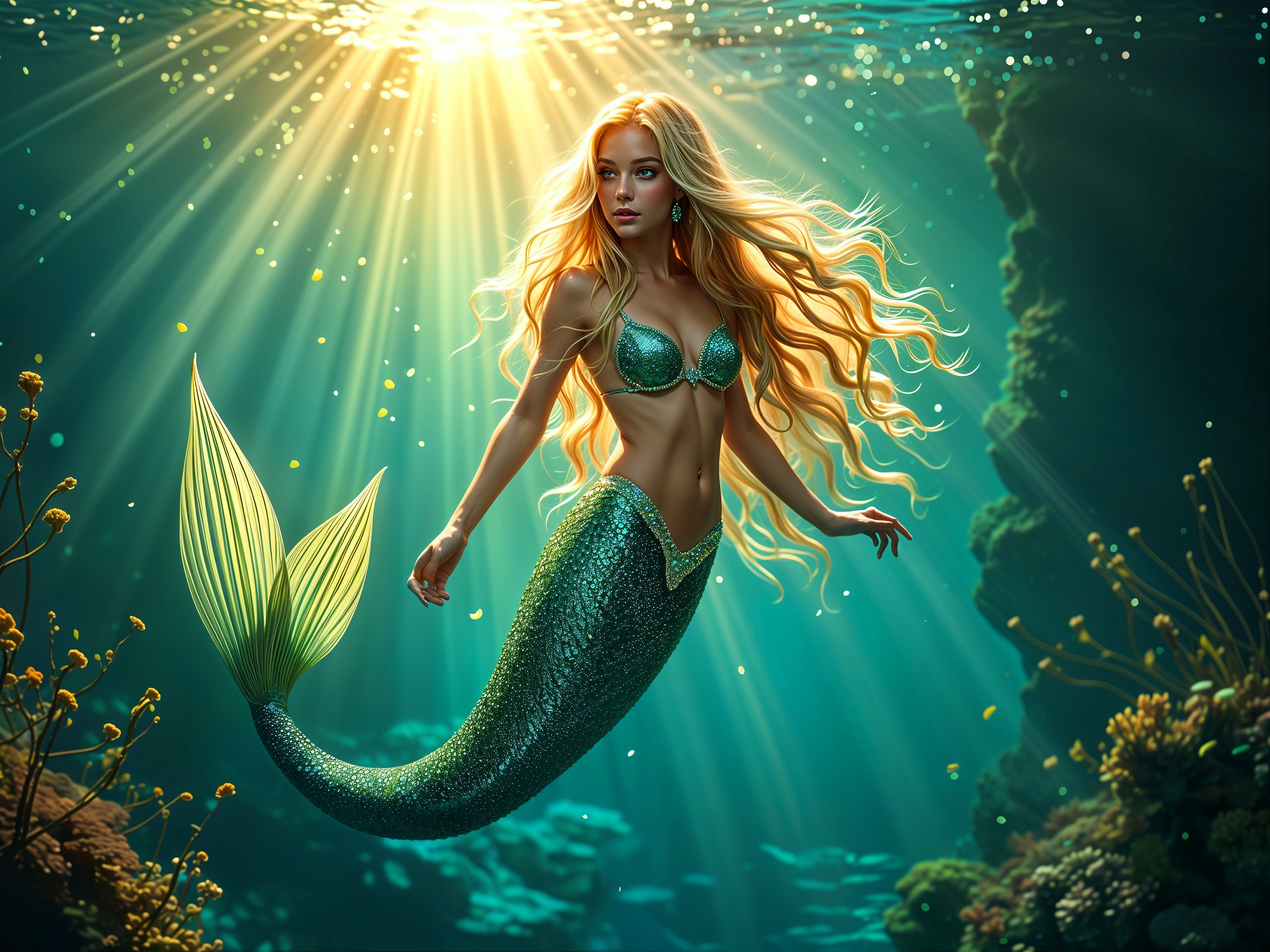 Underwater Scene with Mermaid and Coral Environment