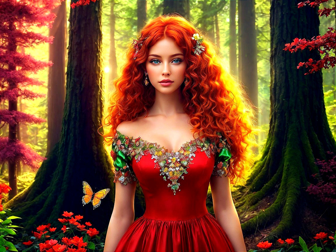 Woman in Red Dress Surrounded by Vibrant Forest Foliage