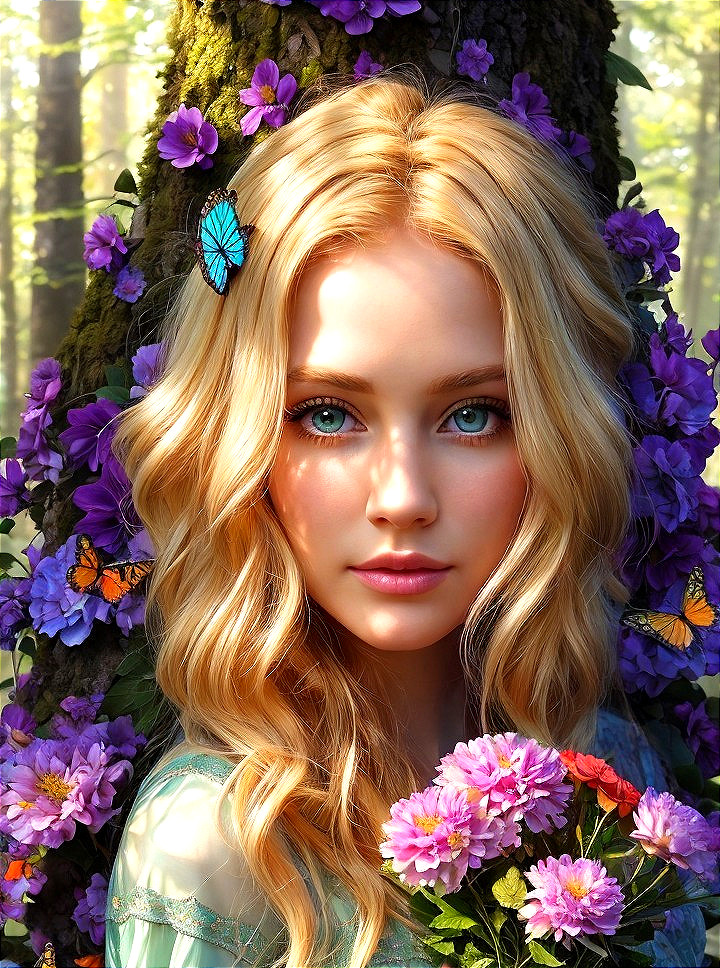 Young Woman in Sunlit Forest with Flowers and Butterflies