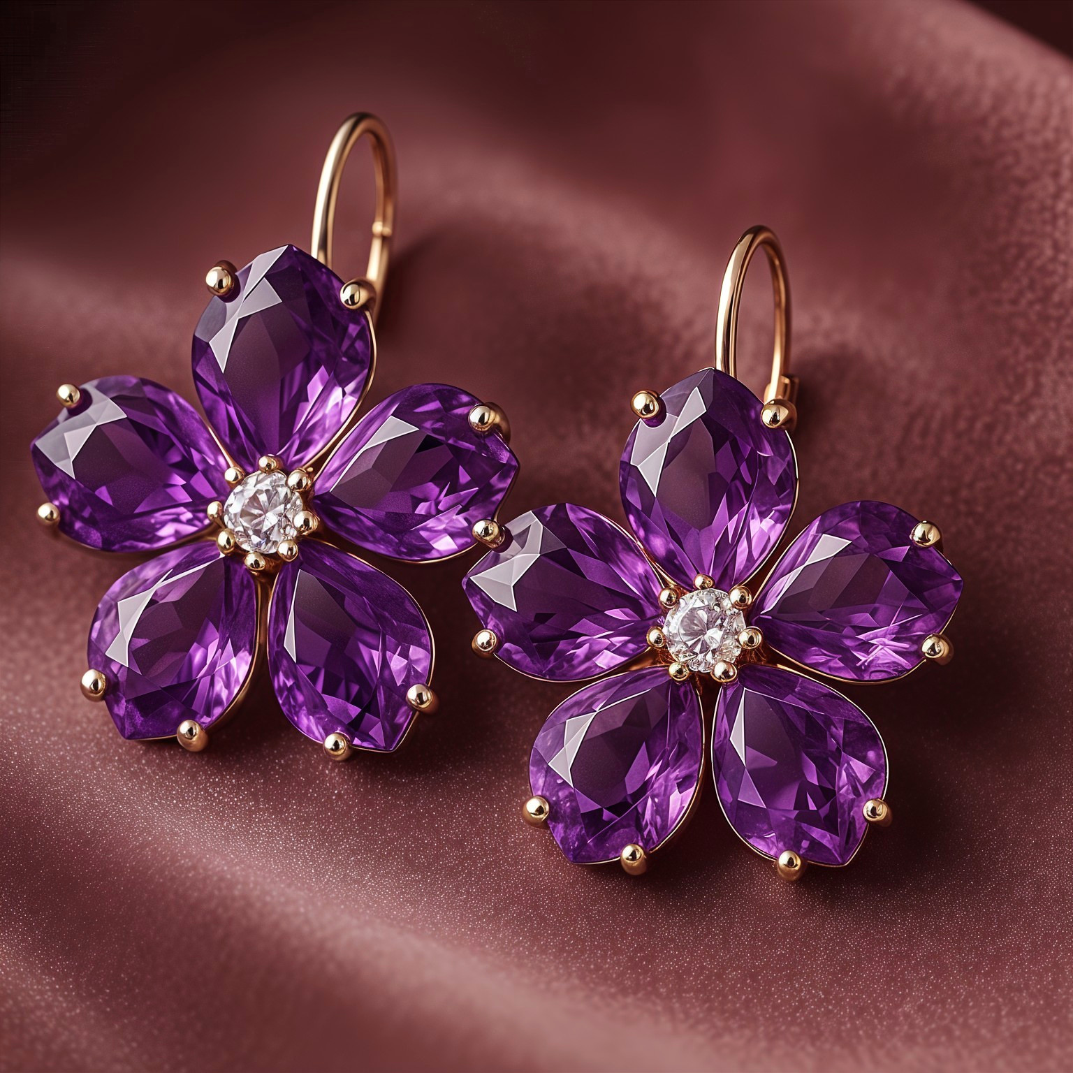 Floral Earrings with Purple Gemstones and Gold Setting