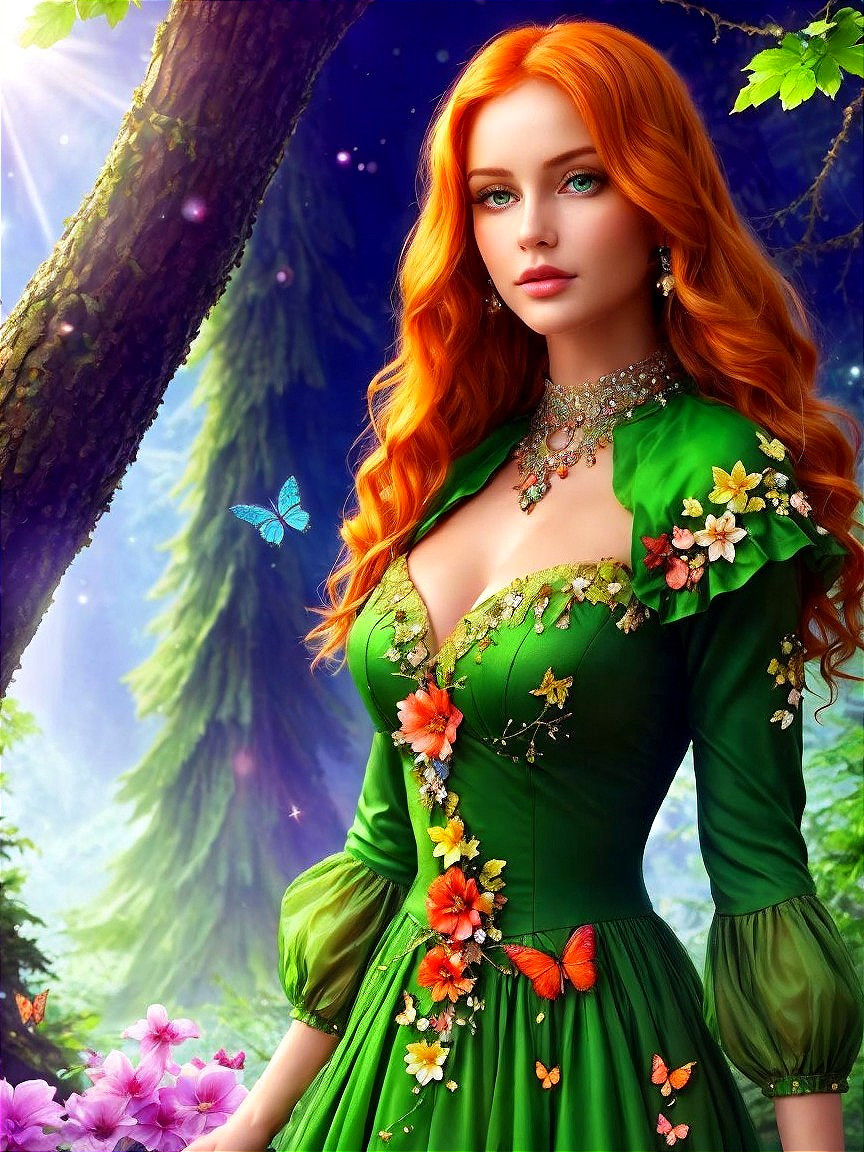 Young woman in green dress in vibrant forest setting