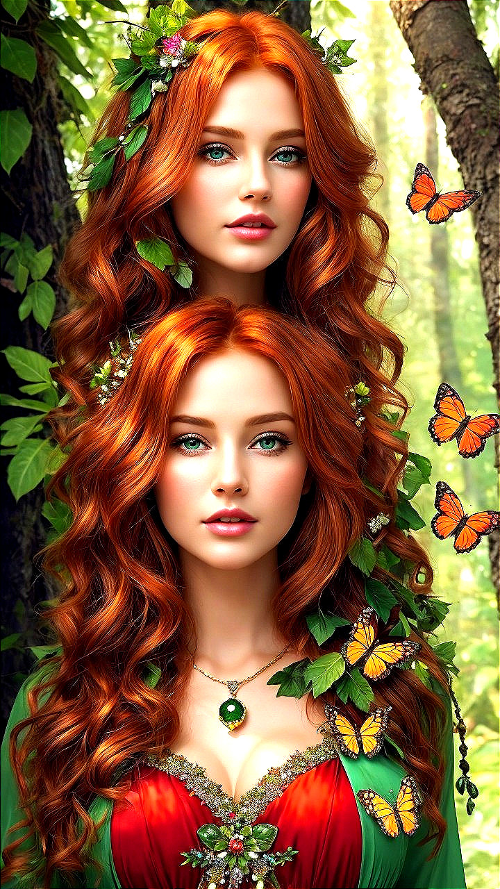 Ethereal Figures with Red Hair in Lush Forest Setting