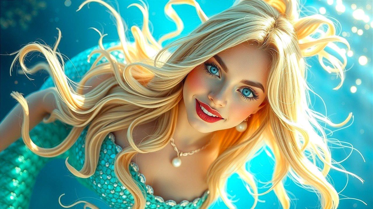 Mermaid with Blonde Hair and Turquoise Tail Underwater