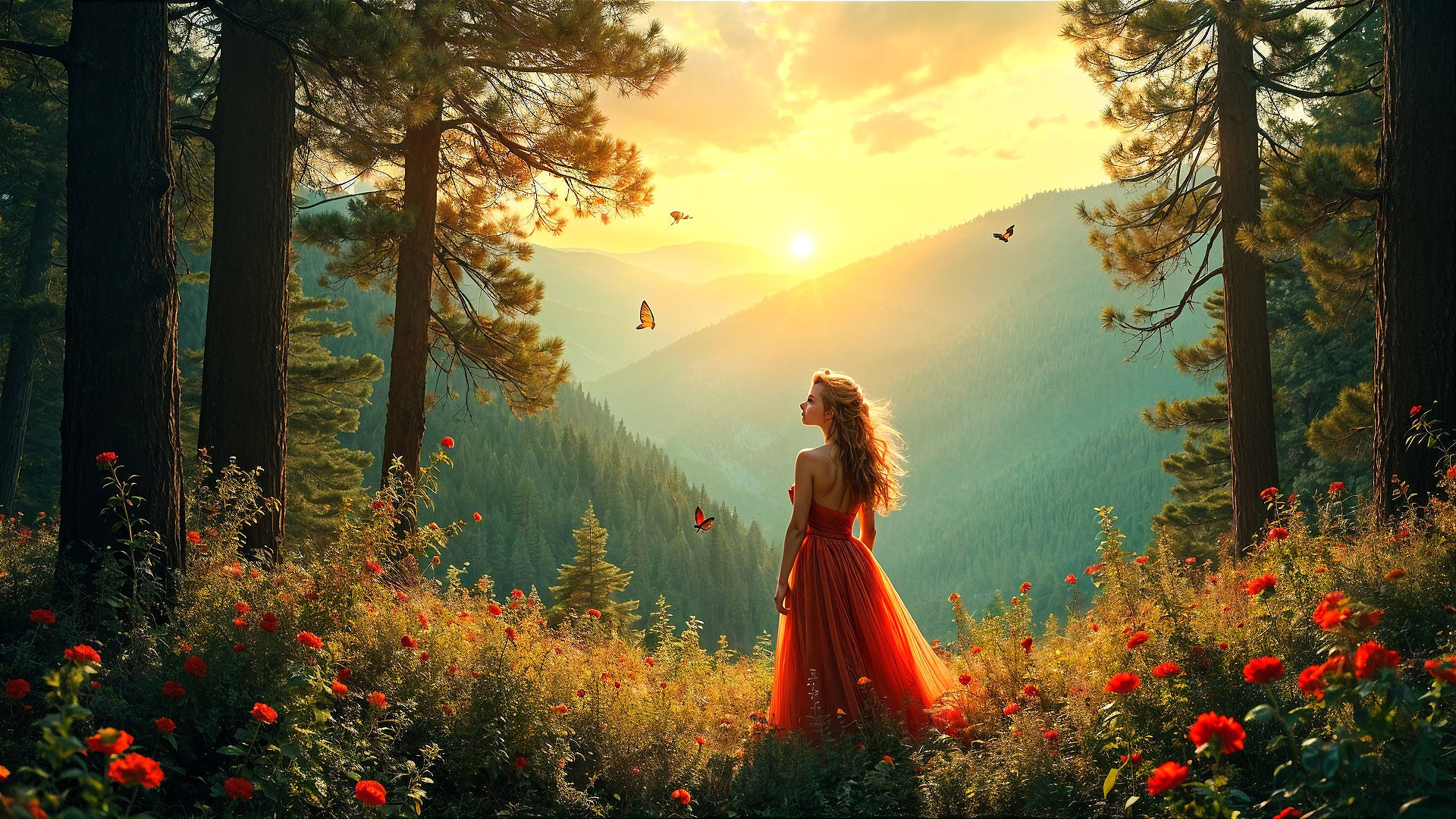Woman in red dress in a vibrant flower meadow