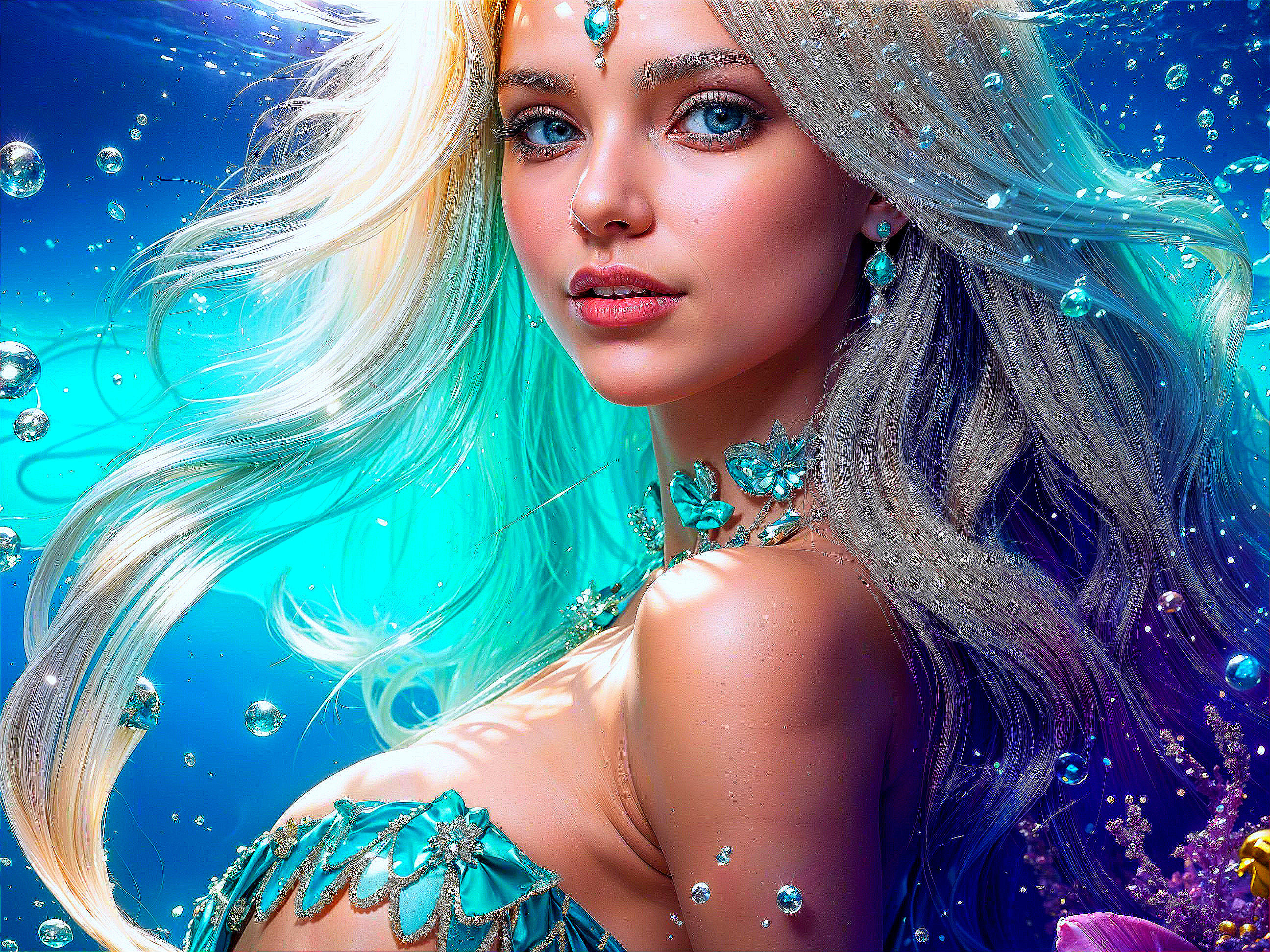 Mermaid with Blonde Hair in Underwater Scene