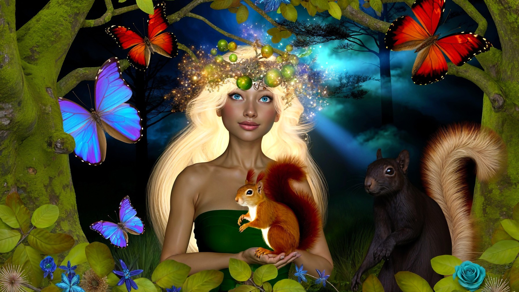 Mystical forest scene with a young woman and squirrels