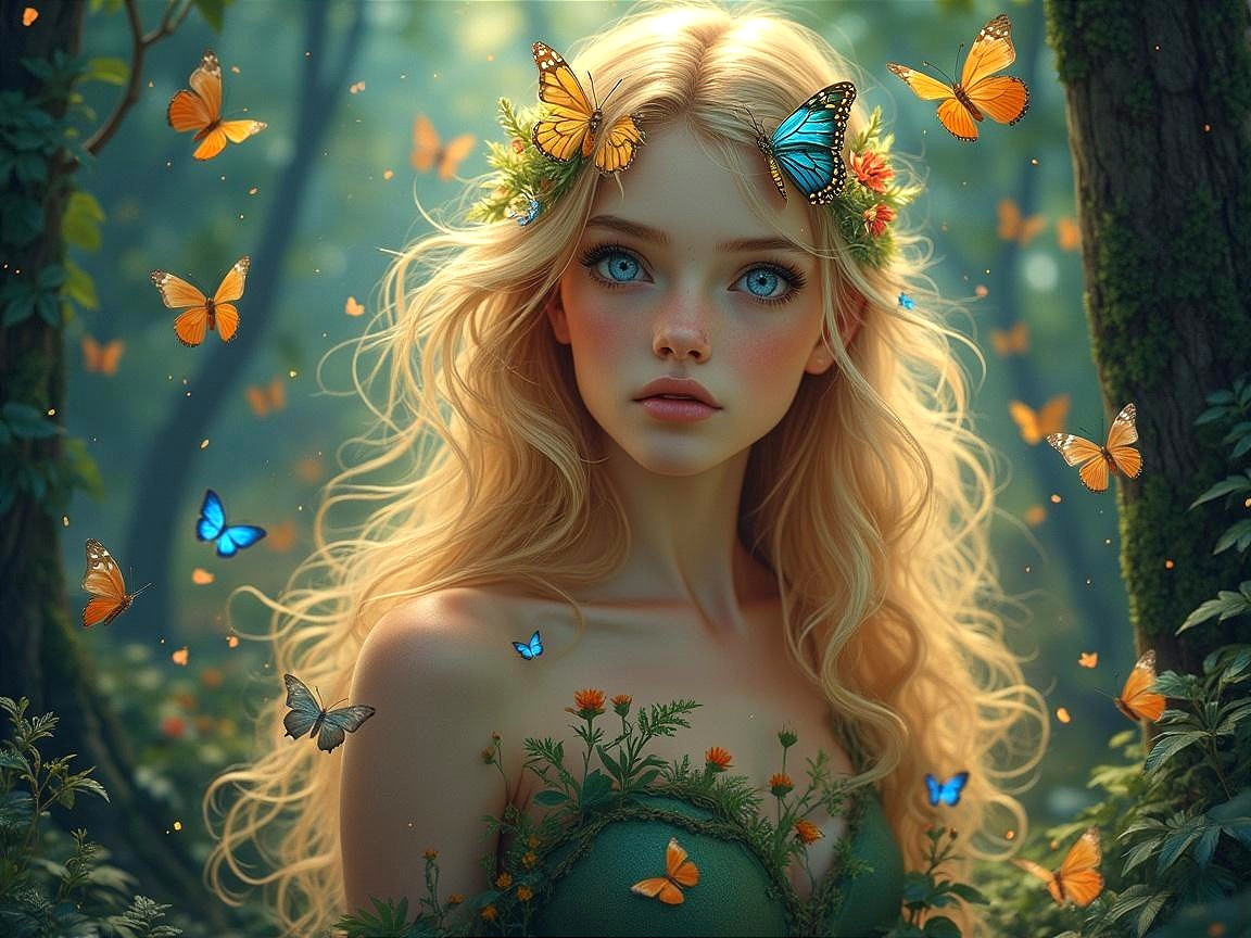 Young woman in a magical forest with butterflies