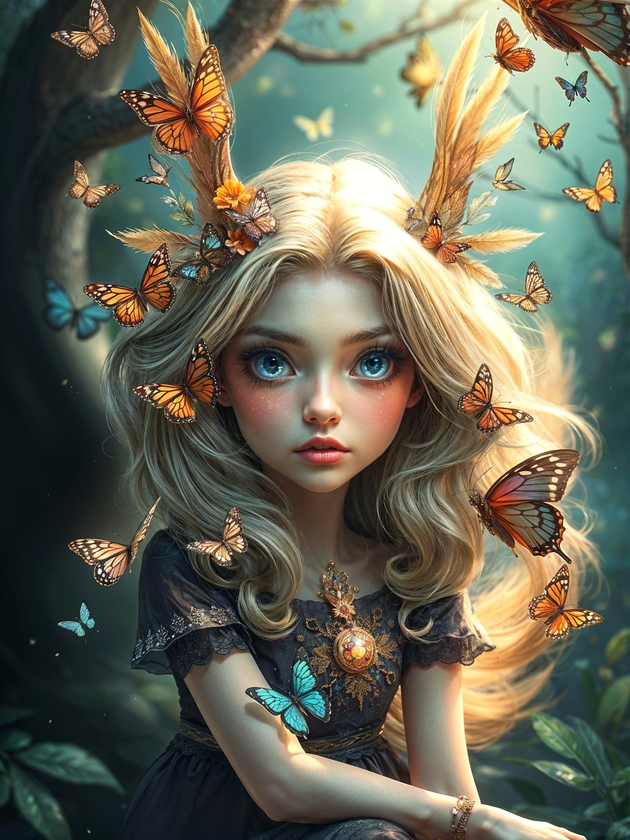 Young girl in mystical forest with butterflies and lace dress