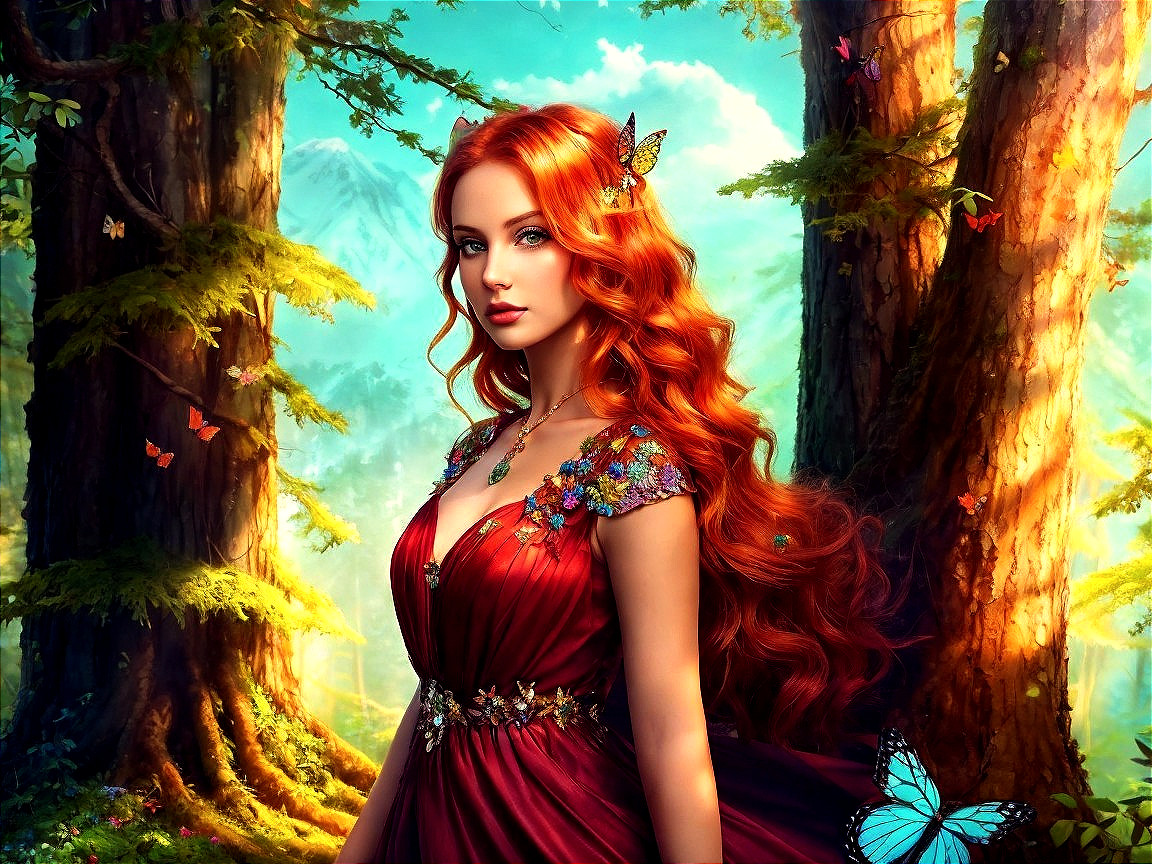 Young woman in red gown in vibrant forest setting