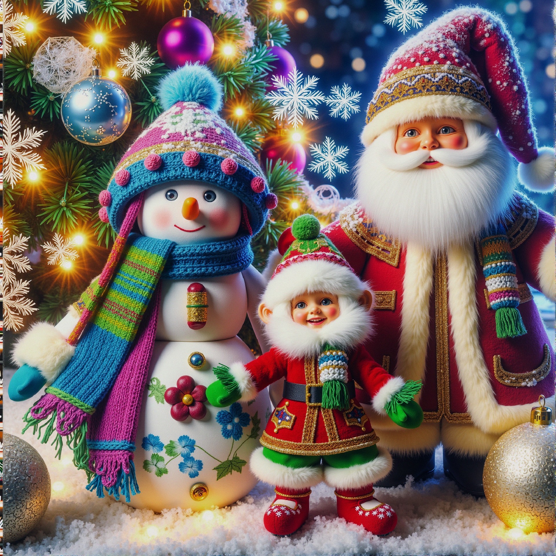 Festive Snowman and Holiday Family Scene with Ornaments