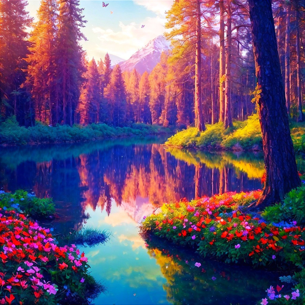 Tranquil River Landscape with Vibrant Colors and Flora