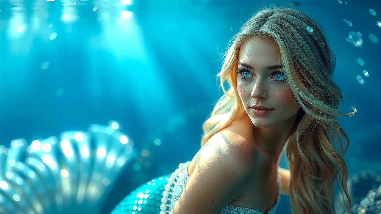 Underwater Scene with Mermaid and Iridescent Tail
