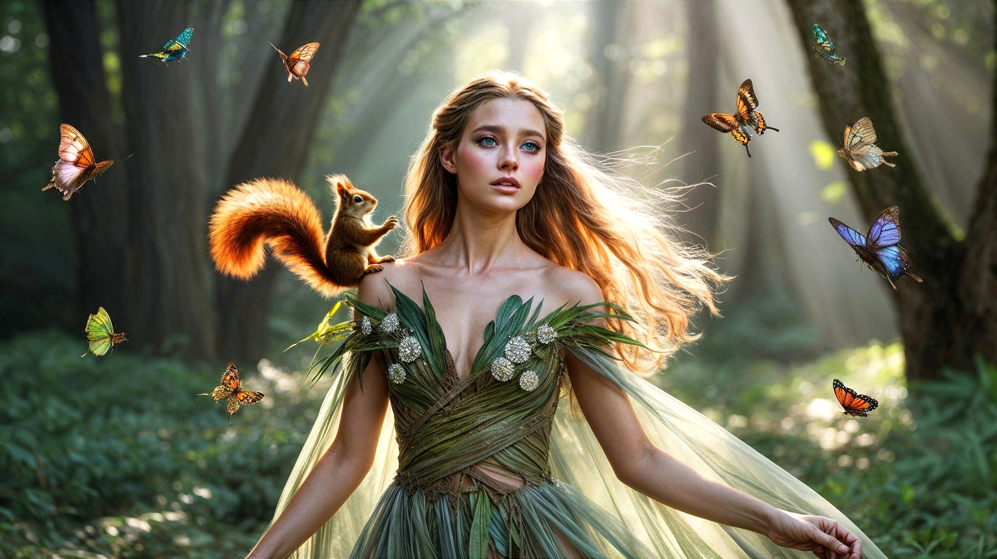 Young woman in leaf gown in a sunlit forest scene
