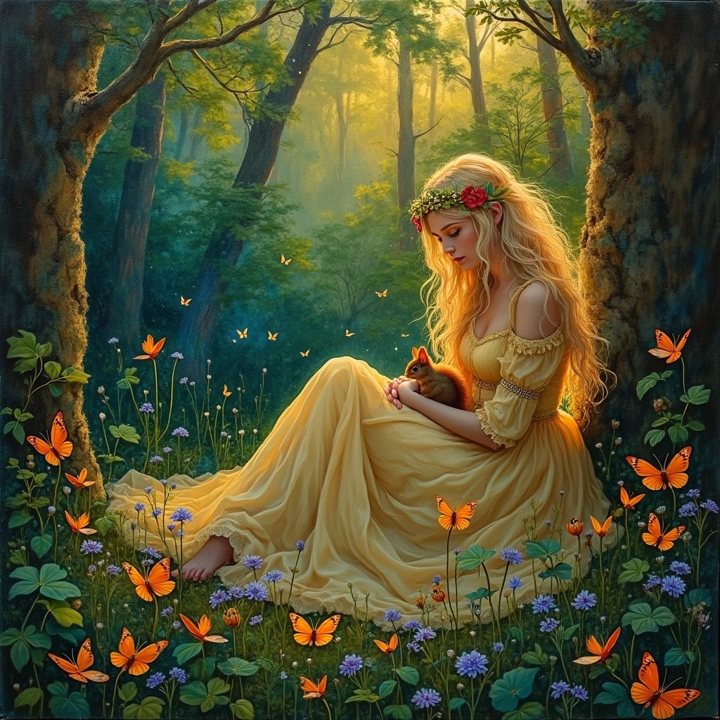 Young Woman in Yellow Gown Surrounded by Nature