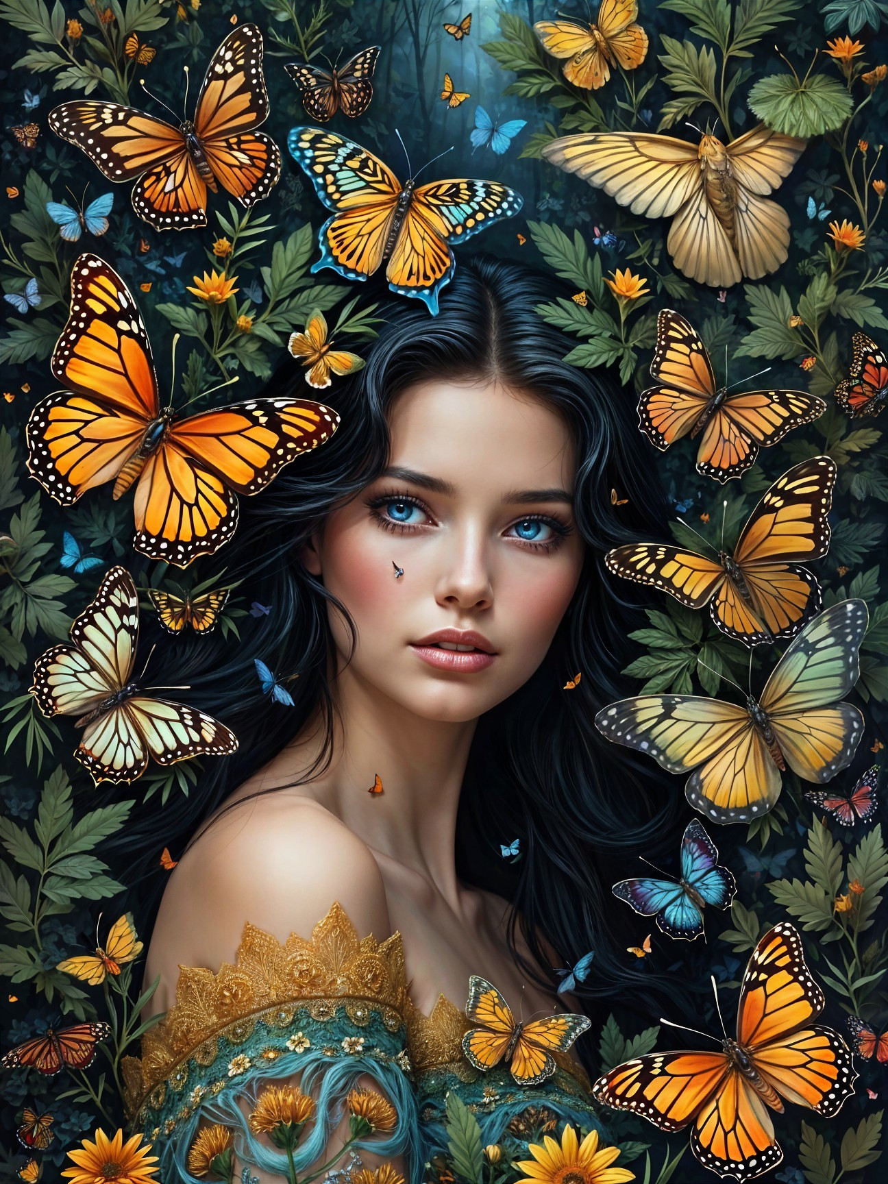 Young woman with blue eyes among butterflies and flowers