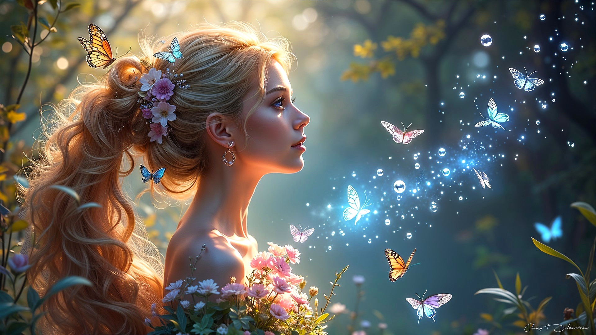 Serene young woman in a sunlit forest with butterflies