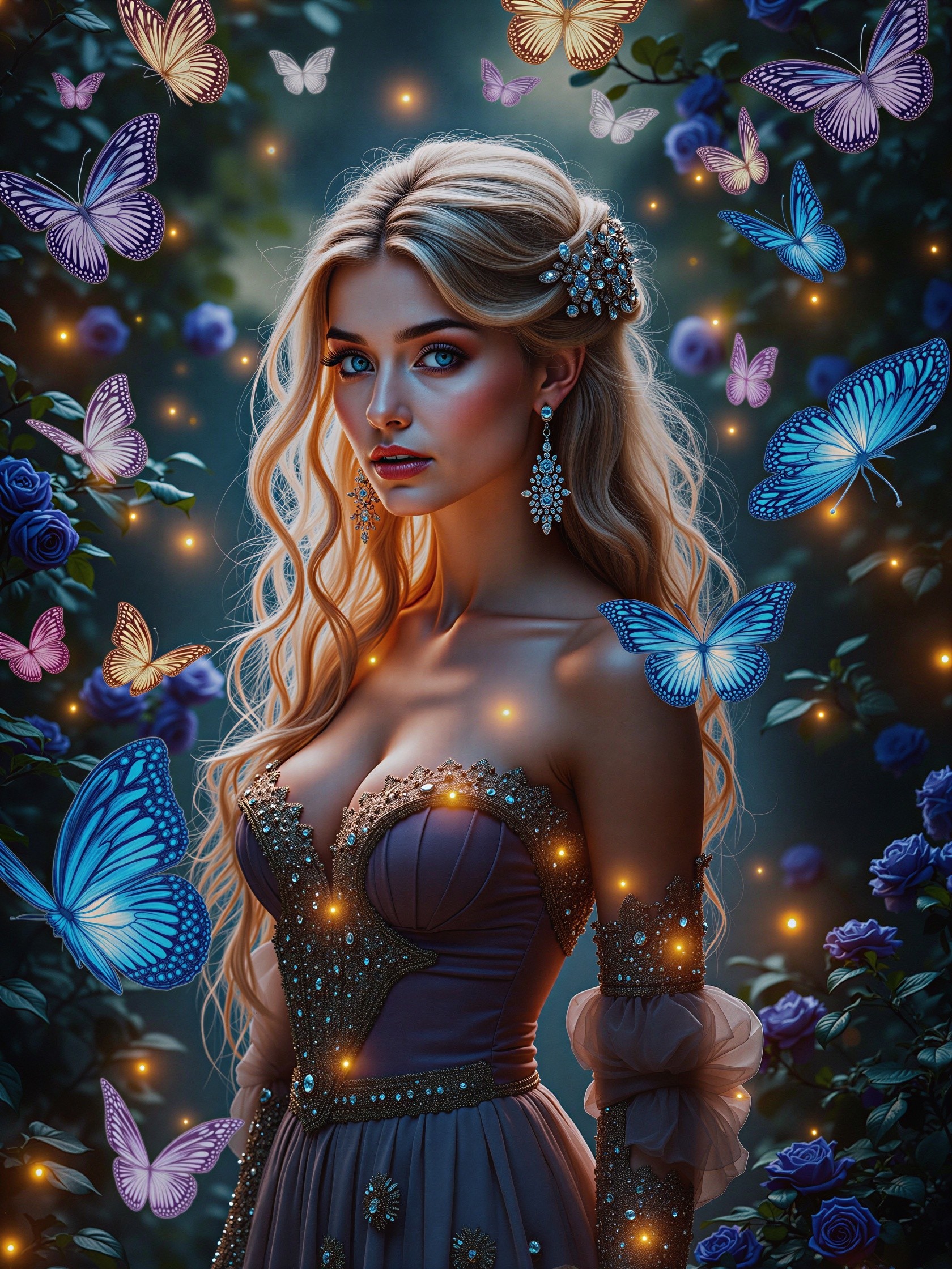 Young woman in jeweled gown surrounded by butterflies