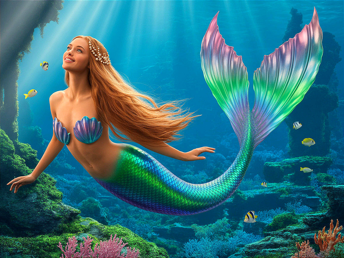 Vibrant Underwater Scene with Mermaid and Coral Reefs