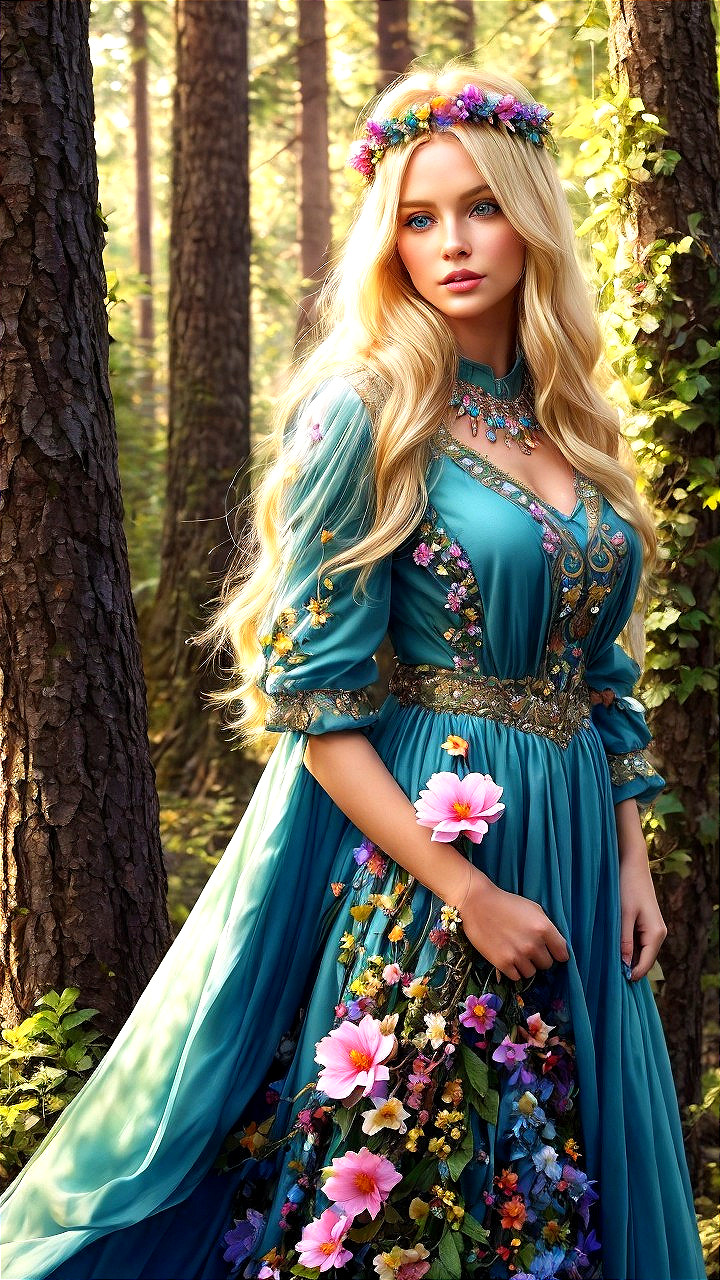 Young Woman in Teal Dress in Enchanting Forest Setting
