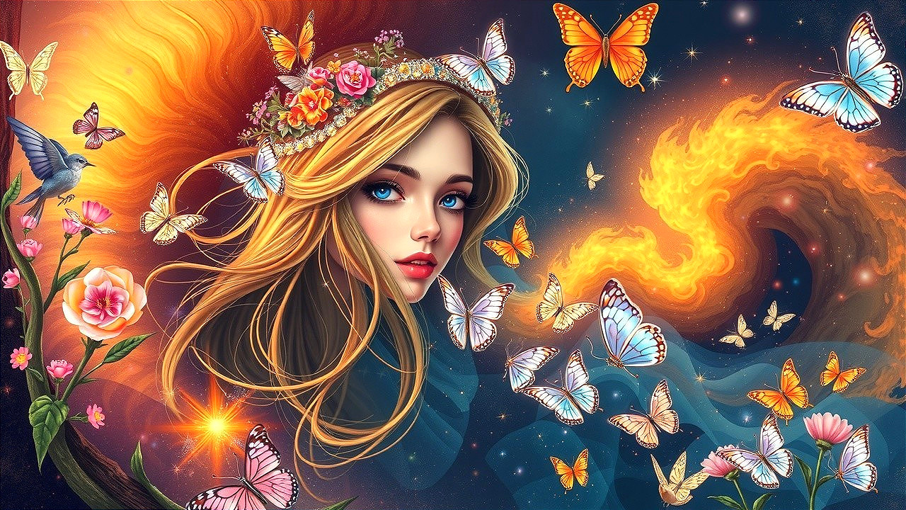 Serene Woman with Floral Crown and Butterflies