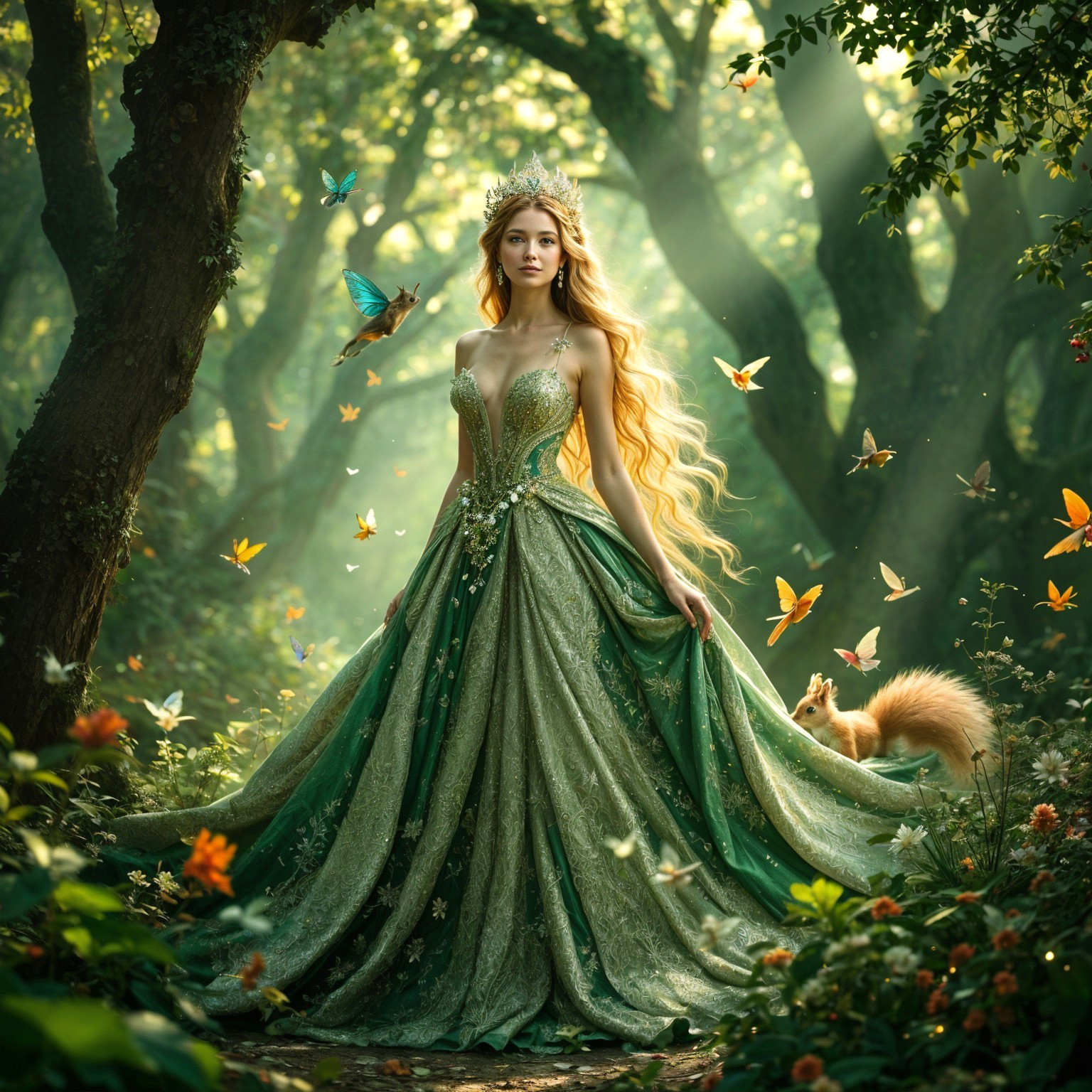 Princess in Green Gown Surrounded by Butterflies and Squirrel
