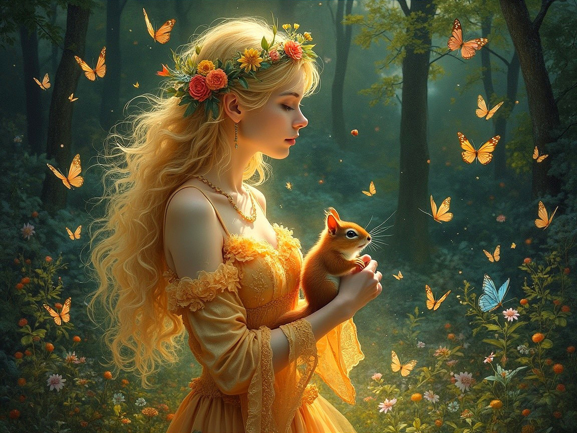 Enchanted Forest Scene with Young Woman and Squirrel
