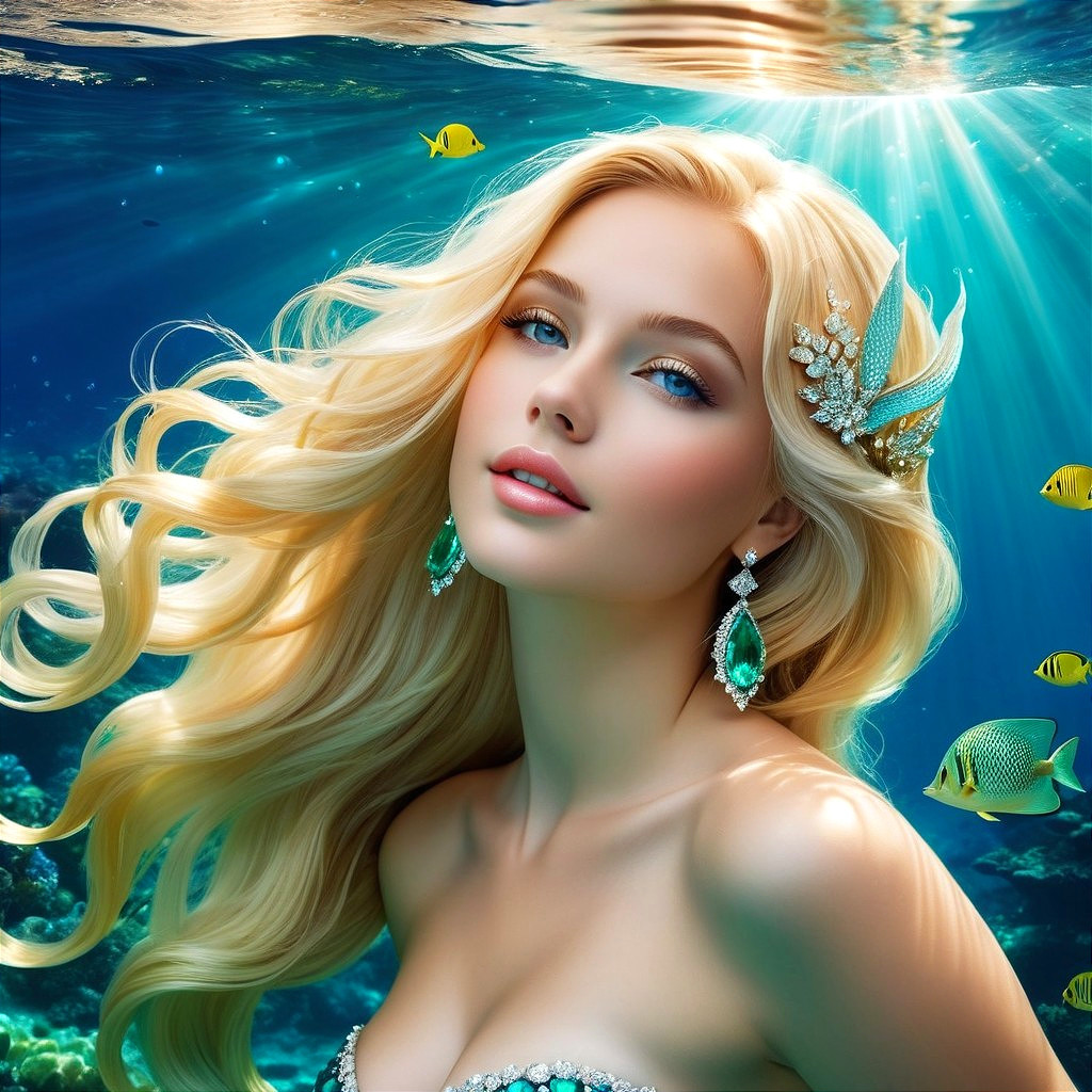 Underwater Scene with Woman and Colorful Fish