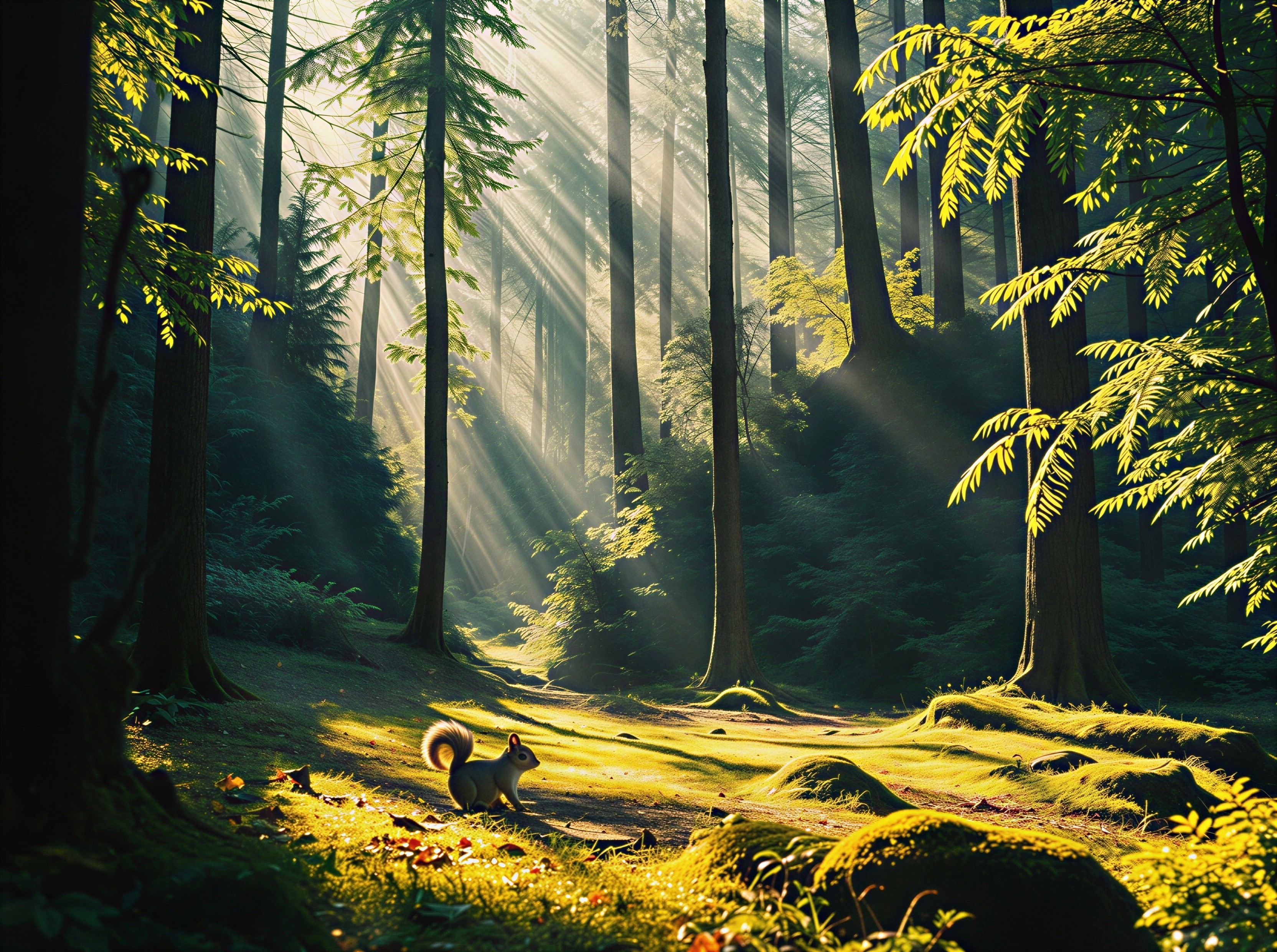 Serene forest scene with golden light and wildlife