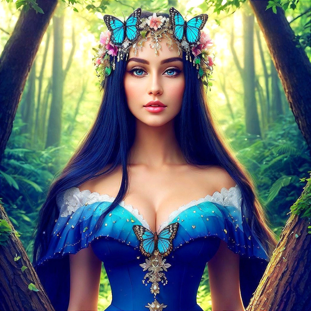Fairy-Tale Scene with Woman in Blue Gown and Butterflies